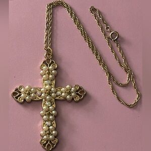 Vintage Necklace Cross Faux Pearls, Aurora Borealis rhinestones 3 x 2” 16” chain